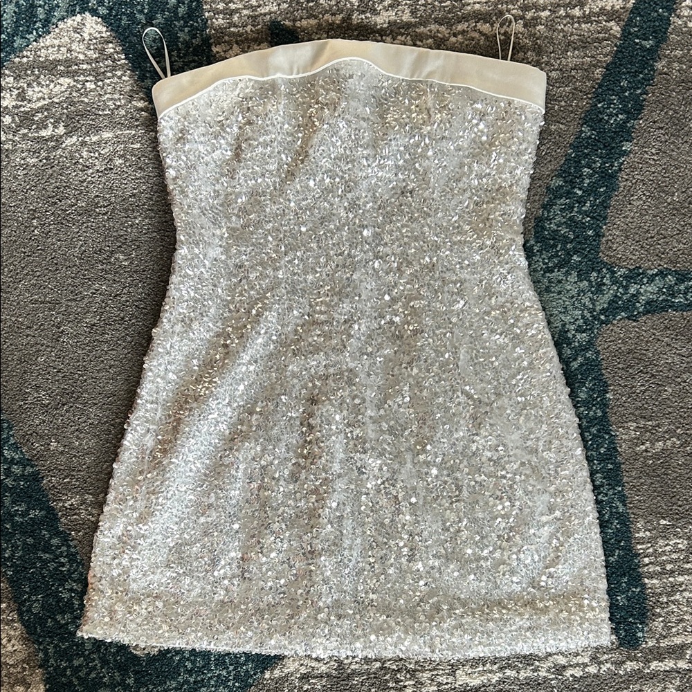 Mare Mare Anthropologie Strapless Sequin Mini Dress in Ivory Silver